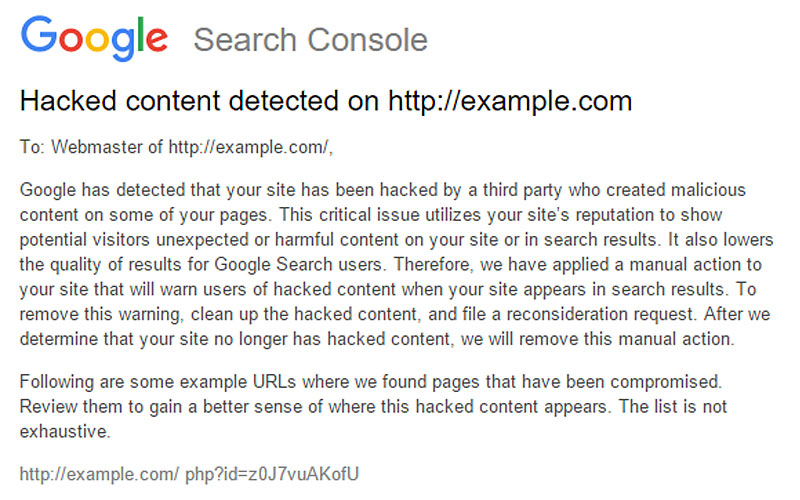 Google Search Console Hacked Website Notification