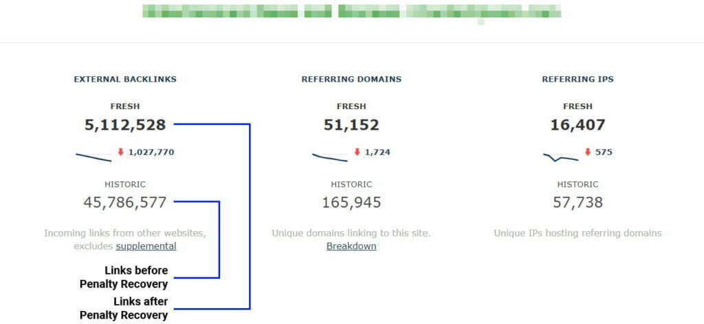 Link Profile before and after Google Link Penalty recovery